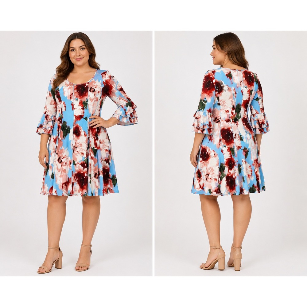 Sami &‎ Jo Womens XL Floral Ruffle Bell Sleeve Fit & Flare Dress Blue Pink Red